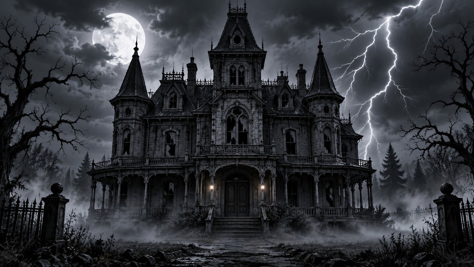 Casa embrujada bajo una tormenta con relámpagos