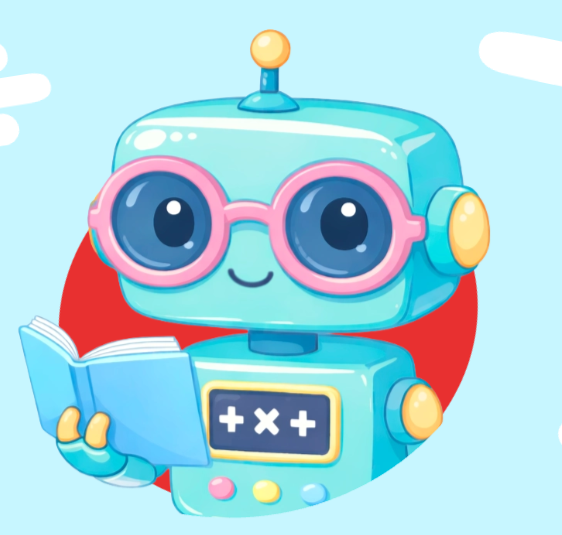 Robot turquesa con gafas rosas leyendo un libro de matemáticas